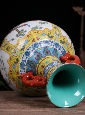 景德镇陶瓷花瓶仿古中式瓷器装饰品摆件工艺品珐琅彩开窗双耳赏瓶