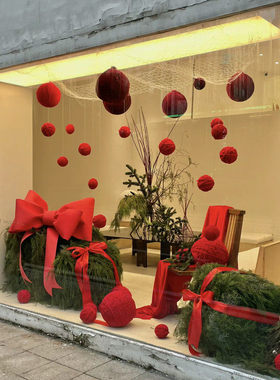 春节元旦装饰毛球打卡布置红色丝绒球商场网格吊饰节日4s店大吊球