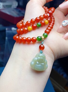 玛瑙手链女款多圈手串本命年红色转运珠佛珠和田玉佛公手串手链