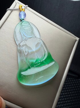 缅甸精美翡翠吊坠绿色冰透飘花翡翠玉无事牌玉观音挂件吊坠玉坠子