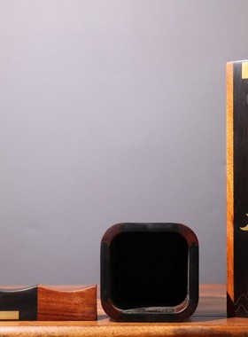 古玩旧藏珍藏花梨木嵌黑檀木嵌黄铜水月纹文房三宝装饰摆件