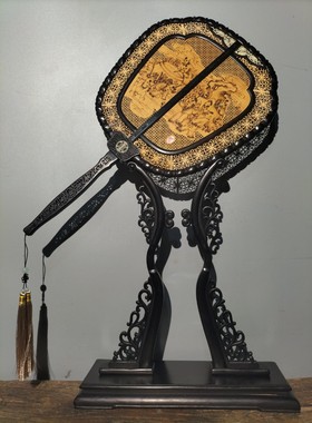 老黑檀木镶香檀木宫扇屏风摆件镶嵌宝石八仙过海 屏风插屏宫扇