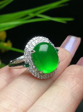 精品银镶嵌翡翠戒指男款帝王绿鸽子蛋可调节指环