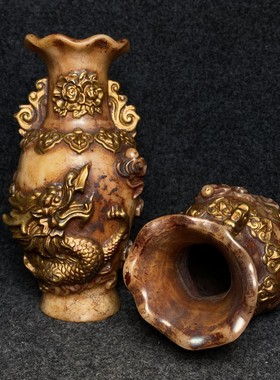 锦盒内高古玉描金花瓶龙凤花瓶龙凤呈祥家居风水装饰工艺创意摆件