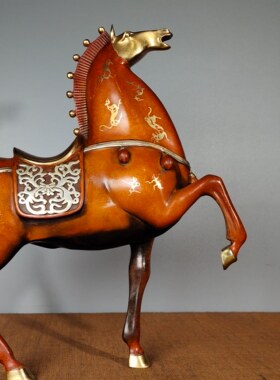 古玩珍藏老纯铜纯手工打造红铜鎏真金真银镶嵌宝石马收藏品老物件