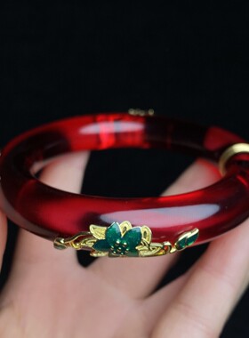 古玩精品红宝石手镯工艺精湛古玩收藏镶嵌品复古包铜手镯饰品