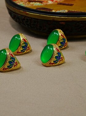 古玩纯铜鎏金镶嵌老翠玉戒指男女款复古做旧翡翠戒指饰品