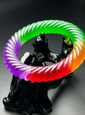 精品老翡翠色高冰紫罗兰麻花玉手镯冰种春彩三色男女款龙珠玉手环