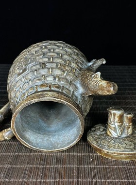 古玩杂项仿古纯铜鎏银双鱼茶壶酒壶竹节鱼篓壶年年有余壶家居摆件