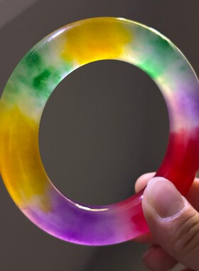 冰种翡翠色春彩胖圆条玉石手镯女士圆条三彩玉镯子精挑细选