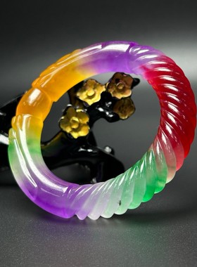 精品老翡翠色高冰紫罗兰麻花玉手镯冰种春彩三色男女款龙珠玉手环