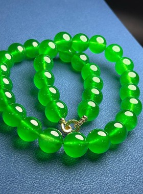 老坑翡翠色冰种阳绿圆珠项链绿色辣绿帝王珠链玉石项链石英岩首饰