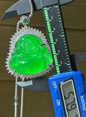 新款镶嵌冰种翠绿色大号马来玉弥勒佛吊坠阳绿色玉佛佛公银项链