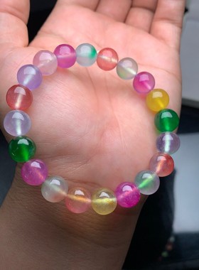 缅甸翡翠手链冰种糖果色春带彩手串女款玉石冰蓝手串男款