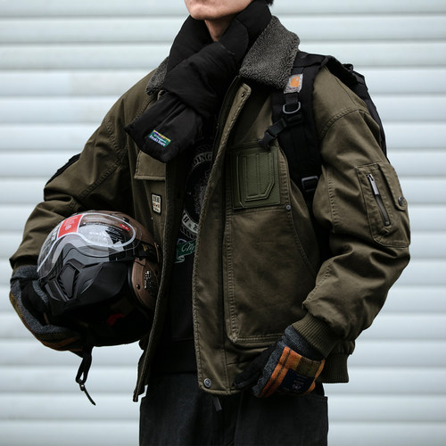 美式复古巴恩风羊羔毛领MA1空军飞行夹克外套工装羽绒服90绒保暖 - 图0