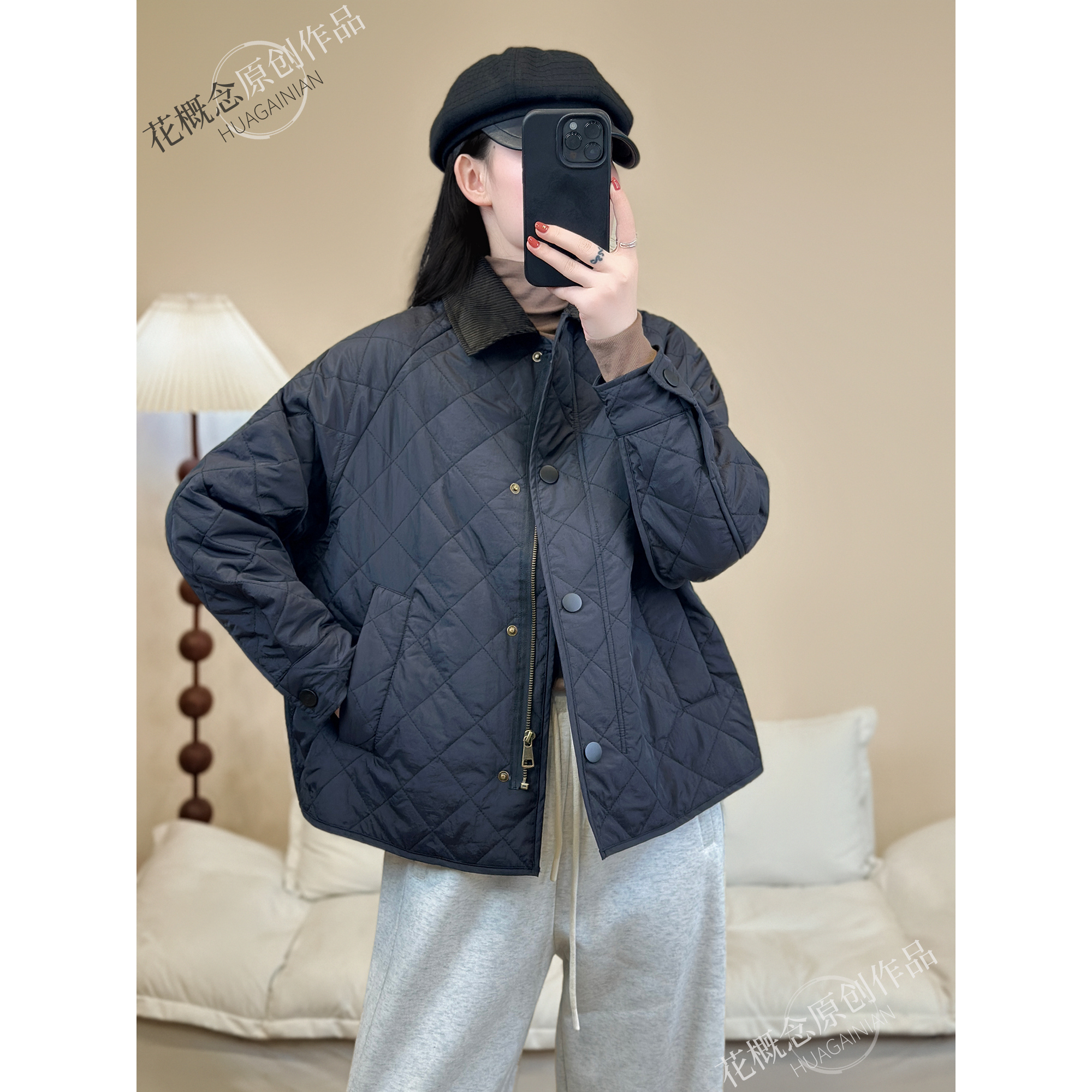 花概念翻领拼接菱形格款宽松休闲百搭简约夹棉外套 - 图1