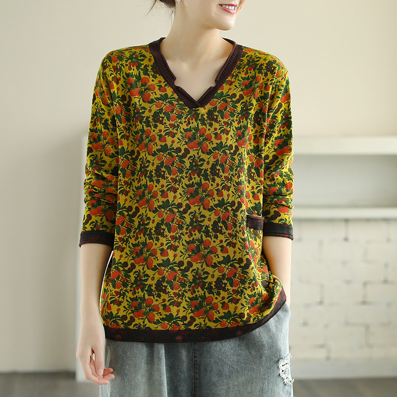 半开v领拼色棉线针织秋季t恤衫 花概念毛针织衫