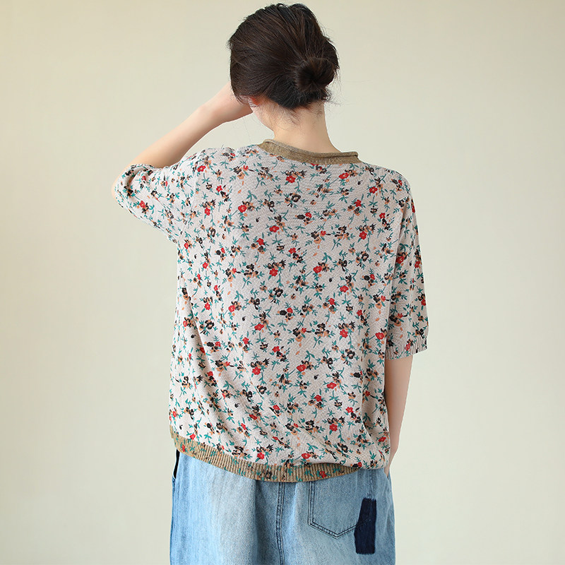 花概念五分中袖针织衫夏季宽松t恤 花概念T恤