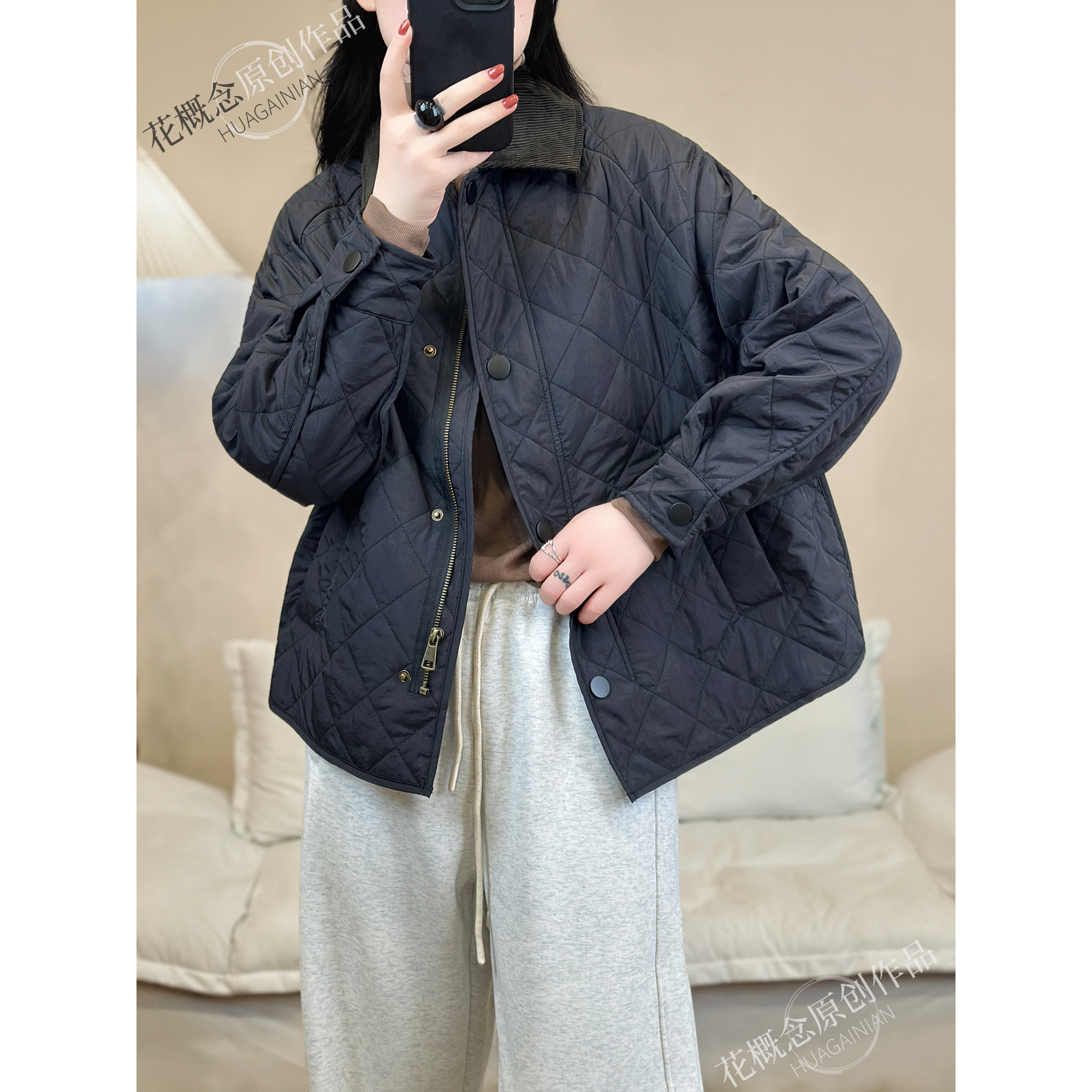 花概念翻领拼接菱形格款宽松休闲百搭简约夹棉外套 - 图2