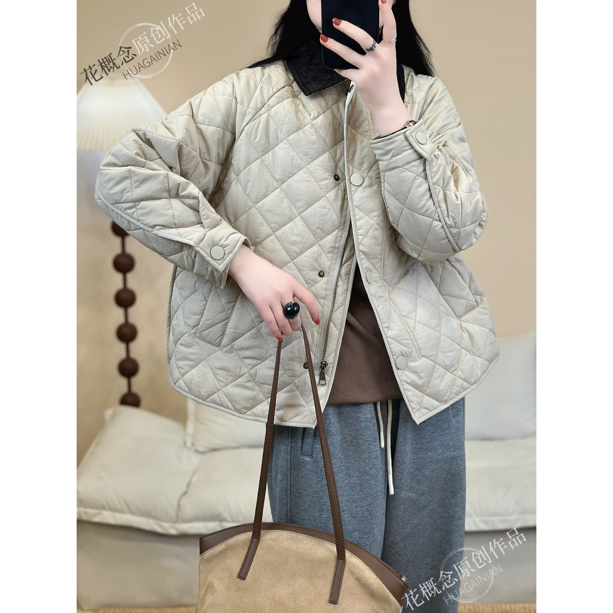 花概念翻领拼接菱形格款宽松休闲百搭简约夹棉外套 - 图0