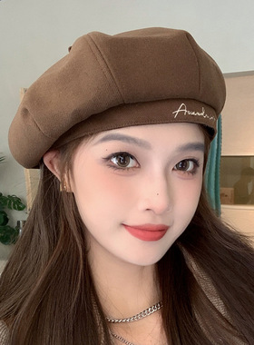 小红书博主推荐加厚磨毛纯色字母贝雷帽子女减龄文艺八角画家帽潮