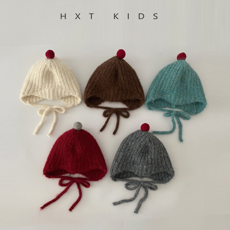 儿童护耳帽秋冬小毛球撞色系带针织帽韩国潮童宝宝冬天保暖帽子酷,淘宝优惠券,粉丝福利购,淘宝优惠卷