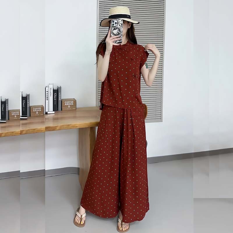 洋气妈妈夏季短袖套装绵绸盘扣上衣阔腿裤两件套新中式旗袍领时尚 - 图0