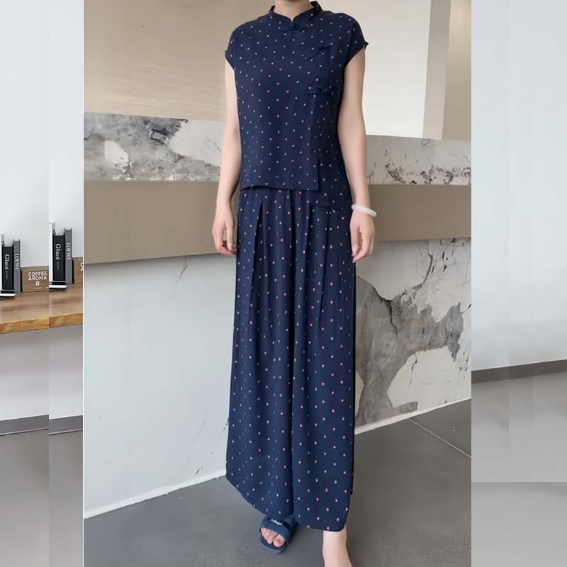 洋气妈妈夏季短袖套装绵绸盘扣上衣阔腿裤两件套新中式旗袍领时尚 - 图1