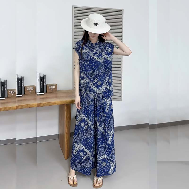 洋气妈妈夏季短袖套装绵绸盘扣上衣阔腿裤两件套新中式旗袍领时尚 - 图2