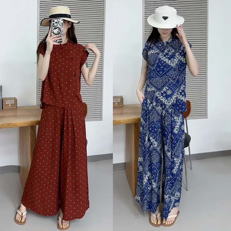 洋气妈妈夏季短袖套装绵绸盘扣上衣阔腿裤两件套新中式旗袍领时尚 - 图3