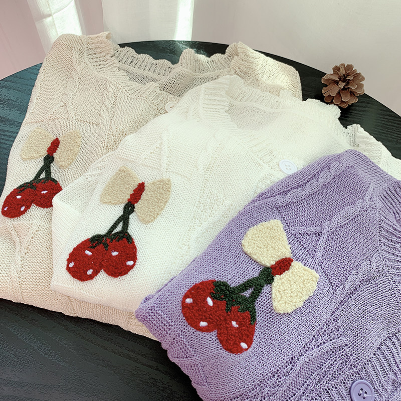 早秋新品花边v领长袖宽松薄款开衫 蝶览毛针织衫