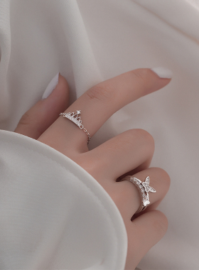 chomel kinsey纯银皇冠戒指女时尚个性戒链ins潮冷淡风指环可调节