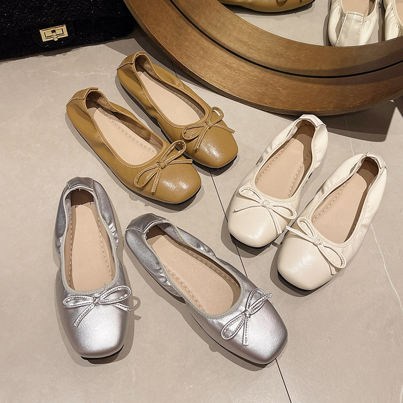 法式蝴蝶结银色单鞋女平底温柔配裙子蛋卷鞋复古一脚蹬奶奶鞋瓢鞋