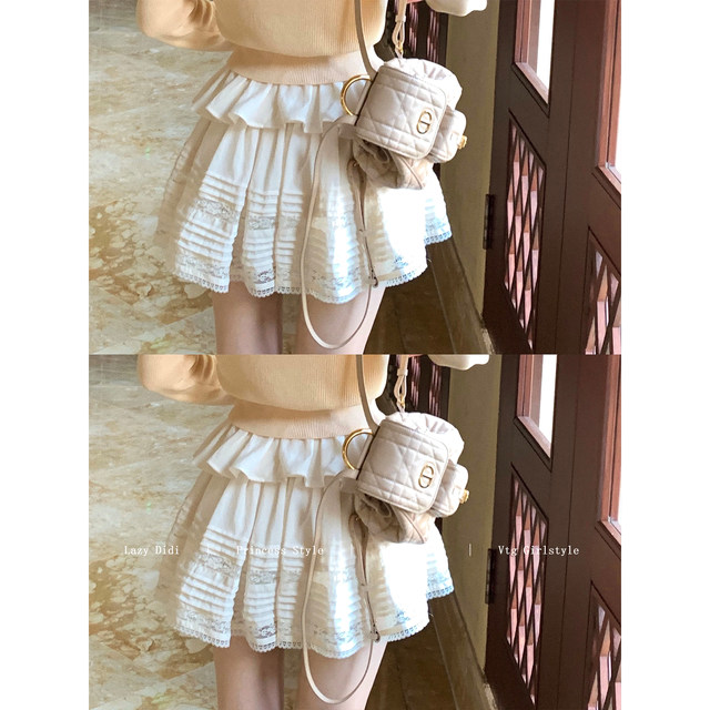 Lazy Didi ຮັກມືສອງ Vintage French lace suit waist ruffled pleated suspender skirt