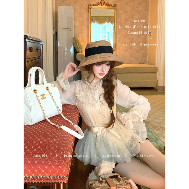 Lazy Didi feather gauze brocade dreamy medieval doll-like lace babydoll ruffled lace collar shirt shirt