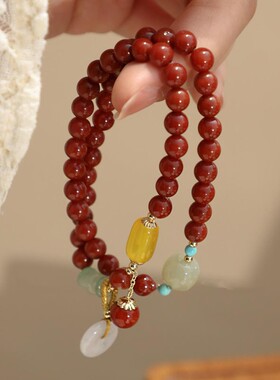 天然红玛瑙玉髓女款手串双圈珠平安扣吊坠设计送女友手饰手链