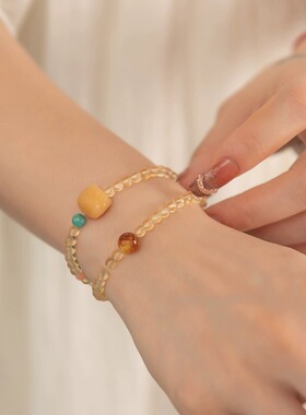 天然黄水晶手链双圈醒狮菩提手串串珠水晶情侣手串叠戴手饰男女