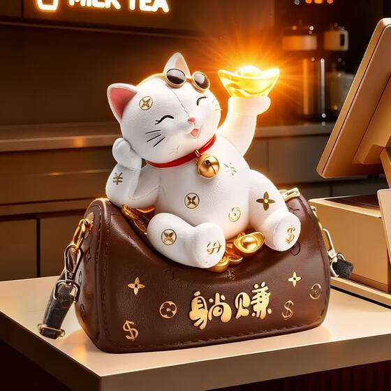 躺赚招财猫音响款摆件皮革纹理元宝店铺前台奶茶店创意开业礼物