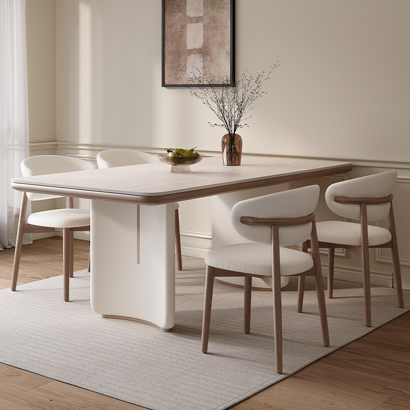 靖品优 奶油风餐桌实木饭桌长方形家用洞石岩板吃饭诧寂风桌椅,淘宝优惠券,粉丝福利购,淘宝优惠卷