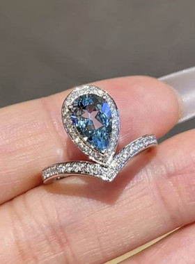 银新品皇冠戒指925银镀白金海宝蓝高碳钻女士水滴冠冕指环闭口