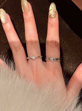 纯银镀金莫桑石情侣戒指开口戒求婚婚戒女情人节礼物方糖戒指