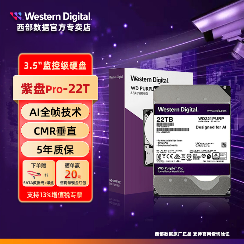 WD/西部数据 WD221PURP 紫盘 PRO 22TB SATA6Gb/s 512M 监控硬盘 - 图0