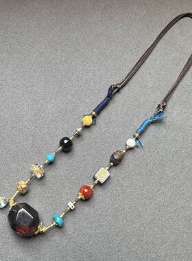 包浆南红银镀金镶青晶石多宝项链