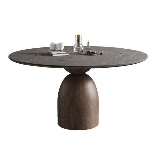 新款岩板餐桌圆形内嵌转盘复古家用饭桌意式现代简约高端实木圆桌-图3
