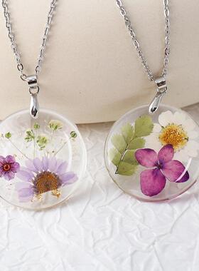 艾薇小清新彩色花朵项链滴胶植物标本干花吊坠永生花真花项饰