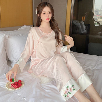 ຊຸດຜ້າໄໝ floral ice silk pajamas ຜູ້ຍິງແຂນຍາວຊຸດຜ້າໄໝແບບຈີນ buckle spring and autumn high-end outer wear summer home wear