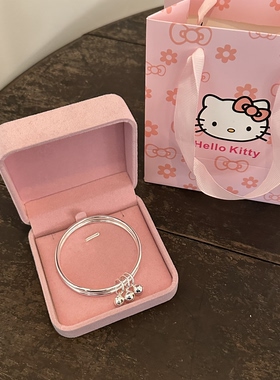 正品999足银三圈光面铃铛手镯女ins风学生送女友生日情人节礼物银