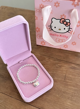 999足银圆珠手链女HelloKitty可爱吊坠手串儿童大人生日礼物银饰