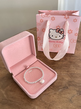 生日礼物999足银圆珠手链女生简约可爱Kitty吊坠手串宝宝儿童送礼