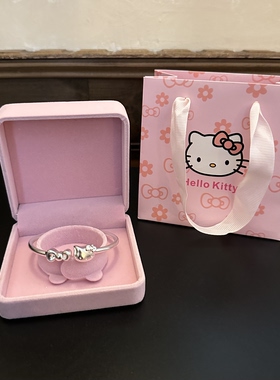生日礼物999足银Kitty猫镯子女生可爱蝴蝶结活口银手镯学生送姐妹